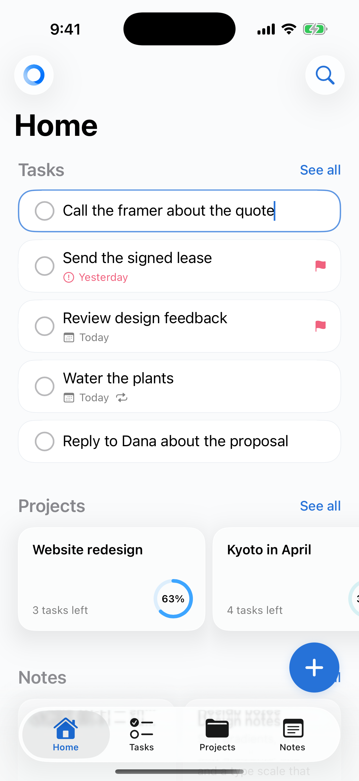 Organizly Home with “Call the framer about the quote” in the task composer.