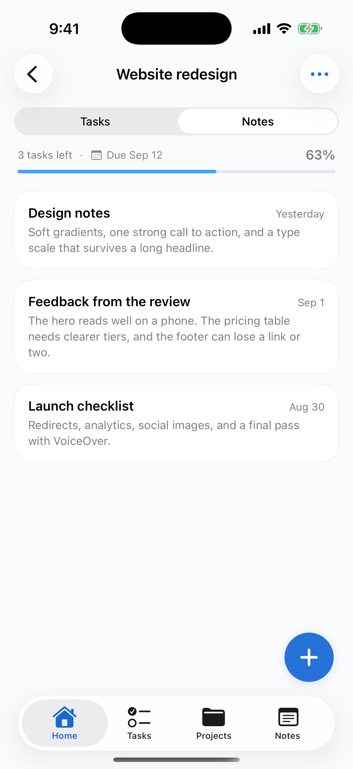 The same Website redesign project’s Notes view, with design notes, review feedback, and a launch checklist.